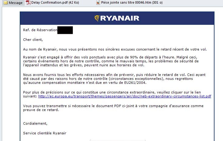 Ryanair - mail retard sans responsabilité